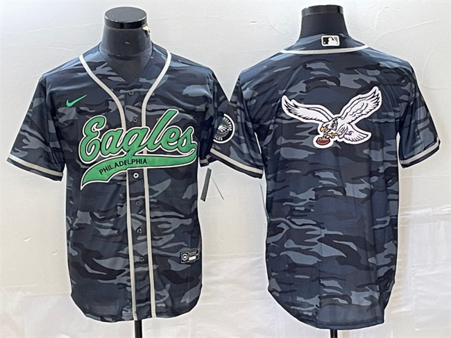 Men's Philadelphia Eagles Gray Camo Team Big Logo Cool Base Stitched Baseball Jersey